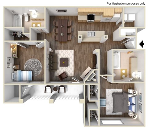 Floor plan for 2 beds, 2 baths, 1040 sqft